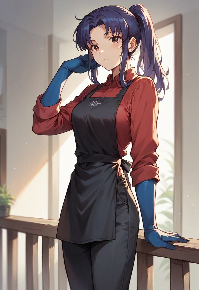 1girl, misato katsuragi, ponytail, ((blue half elbow gloves)), (red shirt), ((long sleeves)), (black apron), (pants), looking at viewer, standing, ((works in a hair salon)), solo