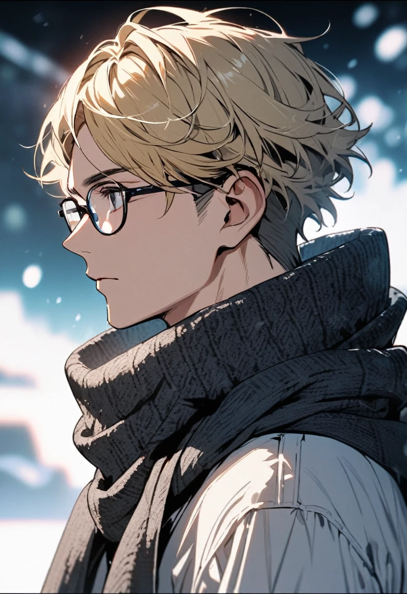 male, handsome, innocent, blond hair, solo, black eyes, wearing scarf, short hair, adult, high detail, beautiful color, beautiful background, front face, glasses, side view