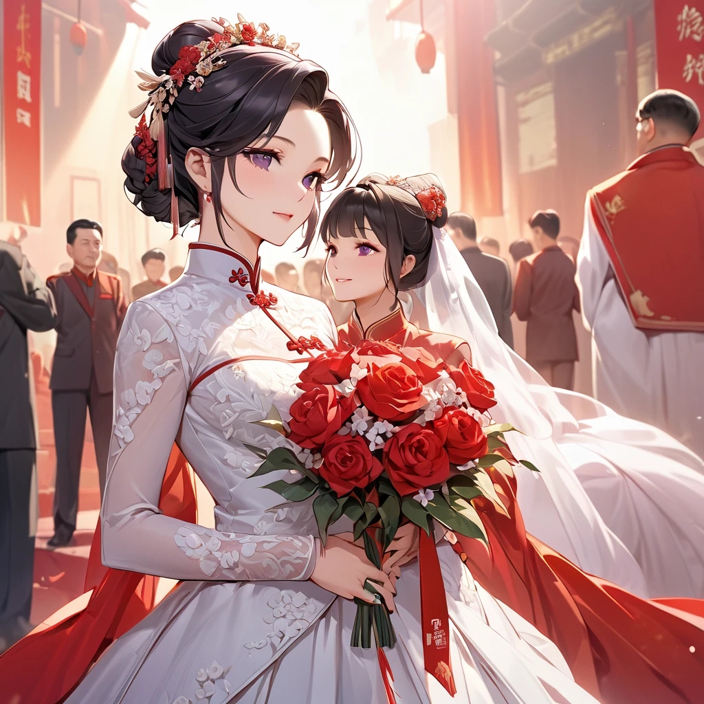 ((Highest quality)), ((masterpiece)), (detailed), (Perfect Face)、The woman is a Chinese woman named Kocho Shinobu, with black hair in a purple gradient bob with evening hair updos, and is wearing an engagement ring. She has become a member of the glorious Chinese Communist Party and has sworn absolute loyalty to the party. She is a righteous Communist Party member of the ruling China and the wife of a great Communist Party official.、The woman is getting married in a gorgeous and gorgeous wedding dress made by a member of the Chinese Communist Party.、For the sake of China, their hairstyles, clothes, and everything they wear are all Chinese Communist Party items, and their thoughts are also Chinese, becoming great Chinese in body and mind.、The woman became Shinobu Kocho, a Chinese woman who was proud of China, loved it and devoted herself to it.、She is serving China as a member of the great Communist Party of China.、The woman is a beautiful, respectable and exemplary Communist Party member.