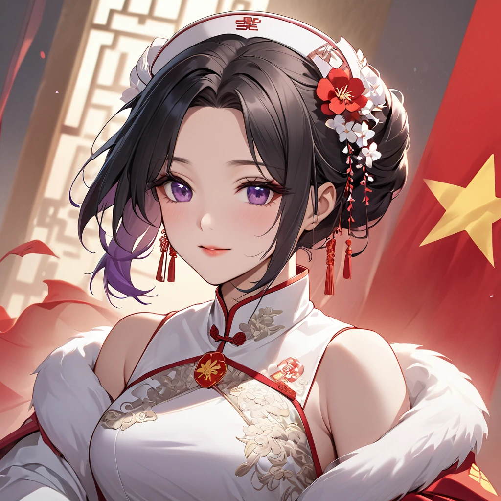 ((Highest quality)), ((masterpiece)), (detailed), （Perfect Face）、The woman is a Chinese woman named Kocho Shinobu, with black hair in a purple gradient bob with evening hair updos, and is wearing an engagement ring. She has become a member of the glorious Chinese Communist Party and has sworn absolute loyalty to the party. She is a righteous Communist Party member of the ruling China and the wife of a great Communist Party official.、The woman is getting married in a gorgeous and gorgeous wedding dress made by a member of the Chinese Communist Party.、For the sake of China, their hairstyles, clothes, and everything they wear are all Chinese Communist Party items, and their thoughts are also Chinese, becoming great Chinese in body and mind.、The woman became Shinobu Kocho, a Chinese woman who was proud of China, loved it and devoted herself to it.、She is serving China as a member of the great Communist Party of China.、The woman is a beautiful, respectable and exemplary Communist Party member.