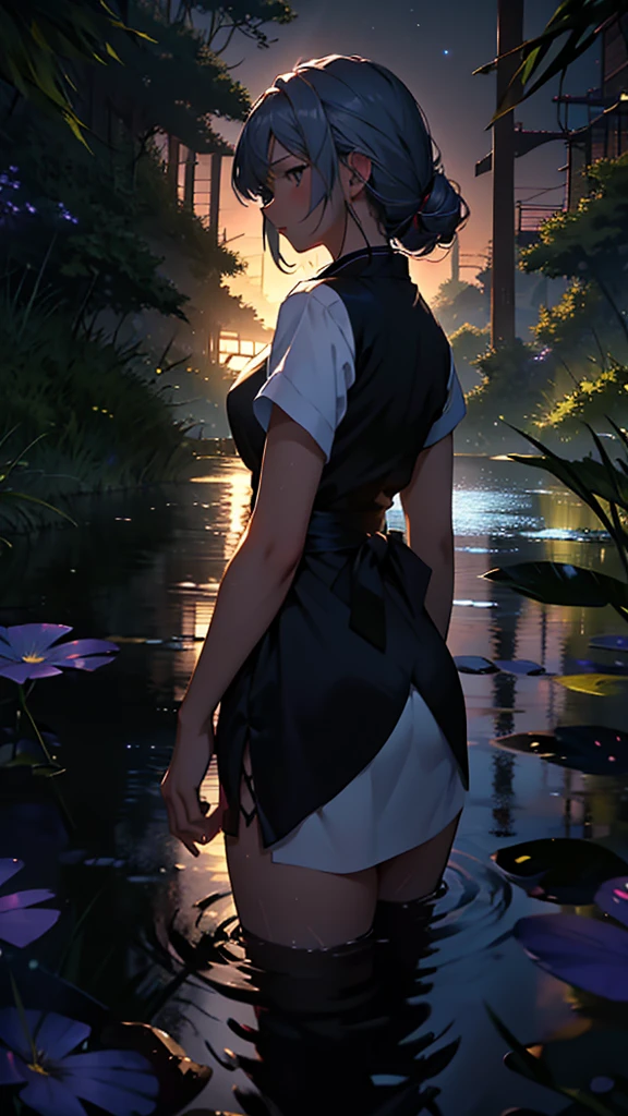 ((high quality)), ((masterpiece)), 8k, Anime Style。Rear view of one woman。brook at night、The light of the full moon reflects on the water、A silvery light spreads across the river。A quiet landscape illuminated only by moonlight spreads out before you。Wide angle。Overlooking。whole body。