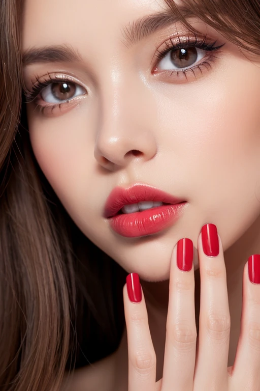 1girl, solo, brown_hair, nail_polish, lips, grey_eyes, makeup, lipstick, close-up, red_nails