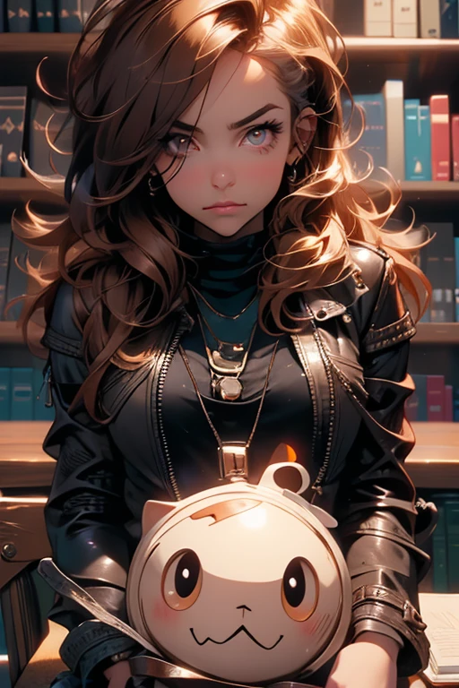 Perfect face. Perfect hands. A brown haired woman with copper eyes and an hourglass figure in a black leather jacket and ripped jeans is taking notes in a the library with a frustrated expression