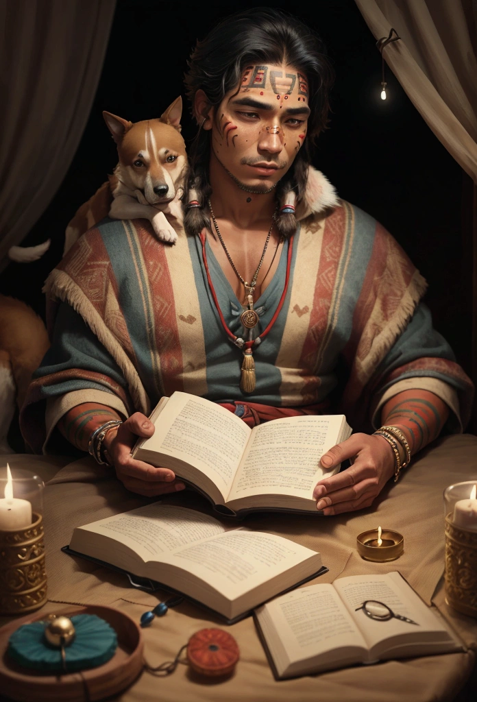 adult man reading one book at night, with dog by his side, indigenous man well-dressed, indigenous acessories, and face war painting