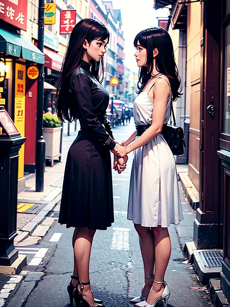 An embarrassed Europoid girl standing in full height and holding awkwardly by the hand a second embarrassed Asian girl who looks at her defiantly with a smirk. Both girls are looking at each other, faces turned towards each other, both girls are beautifully dressed in modern style clothes, standing in full height, two beautiful girls of Europoid and Asian appearance. The girls stand a meter away from each other and reach out their hands to each other