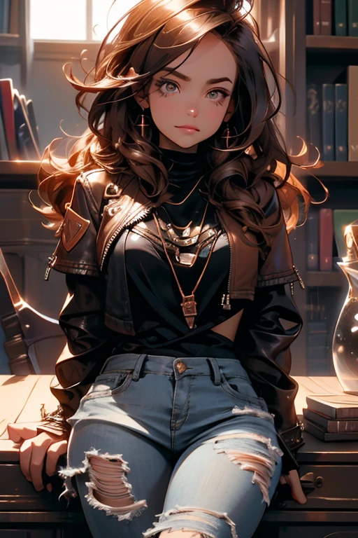 Perfect face. Perfect hands. A brown haired woman with copper eyes and an hourglass figure in a black leather jacket and ripped jeans sleeping on a desk in a library