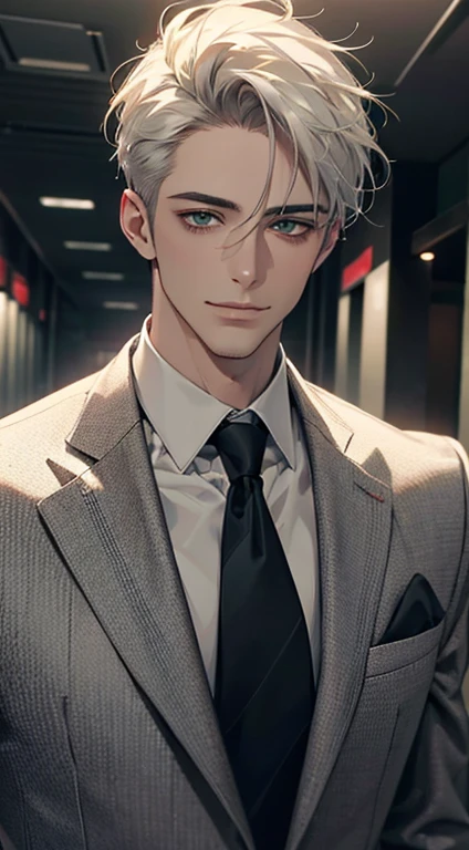 (Highest quality,4K,8K,High resolution,masterpiece:1.2),Super detailed,(Realistic,photoRealistic,photo-Realistic:1.37),1 person,34 years old,Mature Men,Beautiful skin、very handsome,Expressionless smile in love,Short white hair,green eyes,Sharp Eyes,A perfect face without a doubt,Businessman, CEO, Office Background,Cinema Lighting,HDR image,tie、