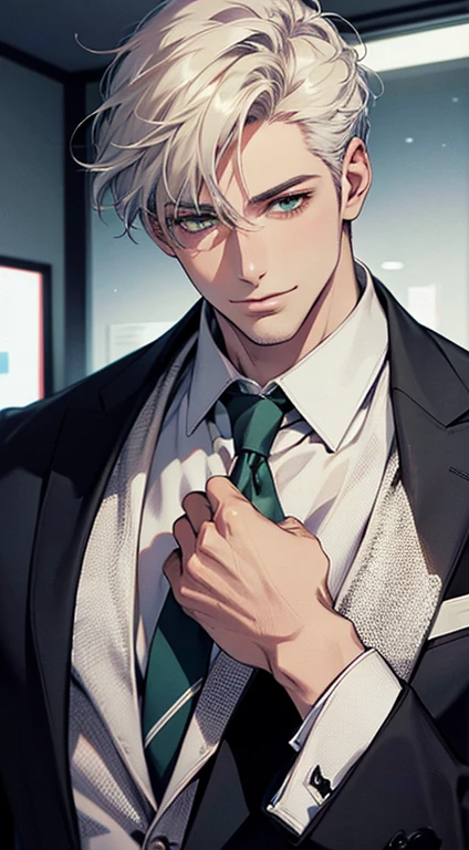 (Highest quality,4K,8K,High resolution,masterpiece:1.2),Super detailed,(Realistic,photoRealistic,photo-Realistic:1.37),1 person,34 years old,Mature Men,Beautiful skin、very handsome,Expressionless smile in love,Short white hair,green eyes,Sharp Eyes,A perfect face without a doubt,Businessman, CEO, Office Background,Cinema Lighting,HDR image,tie、