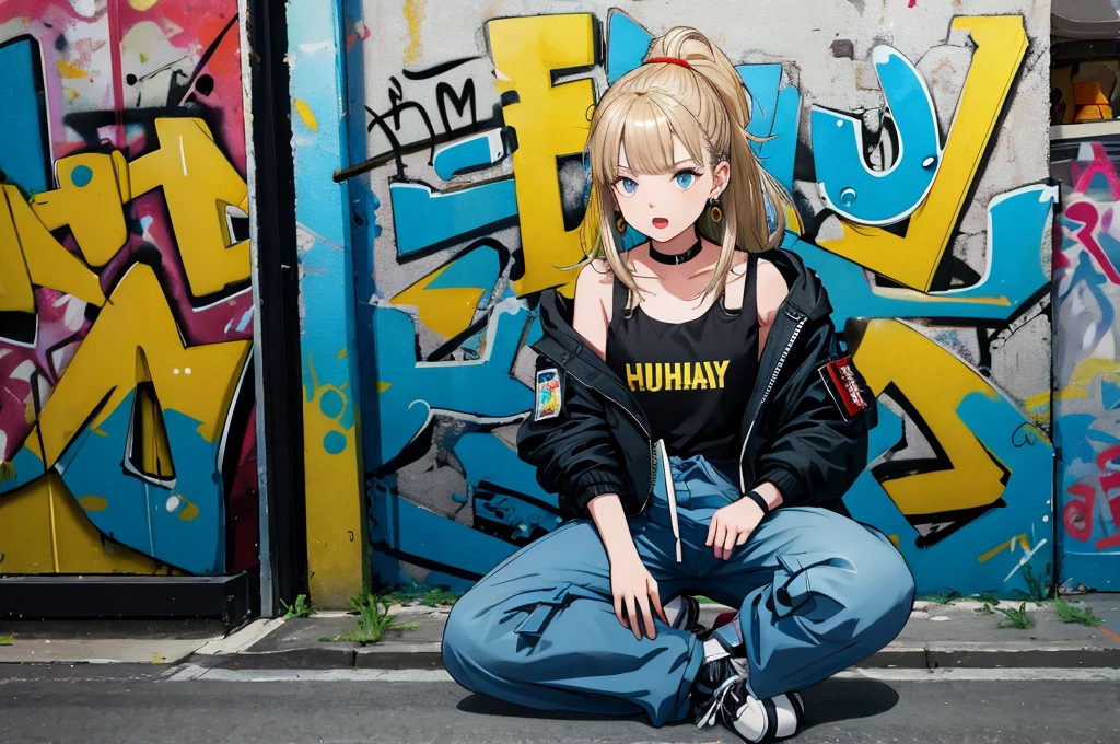 masterpiece,best quality,Solitary,1 Girl,front,Open your mouth,indoor,Low light,sit down,Open your legs,Arms down,professional,Bright skin,Bare shoulders,hoodie,long hair,Nose Ring,Dynamic hairstyle,earrings,Glamorous,sharp,Peculiar details,Background record store,Graffiti,shadow,bomber jacket,Drawstring,trousers,Additional Details,Shallow and deep,