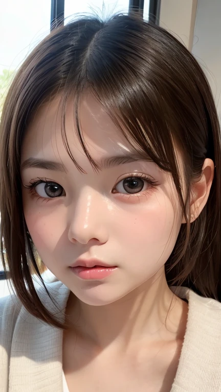 One Girl,(1人のとてもcute女の子:1.3),masterpiece,Highest quality,High resolution,beautiful girl,(18-year-old:1.3),cute,Big eyes,(Detailed pupil:1.2),(The face is facing straight ahead:1.3),Body facing forward,Beautiful Nose,Fuller lips,Short black hair,short hair,Fine eyelashes,Thin eyebrows,Definition of very fine particles,(Symmetrical eyes:1.3),(Face close-up,Face Focus:1.0),White oversized camisole,Student Style,Portraiture,Show Viewer,Cinema Lighting,High resolution,Very detailed、Headband、Open your mouth a little、Selfie、Put your hand on your chin、blush,Embarrassed