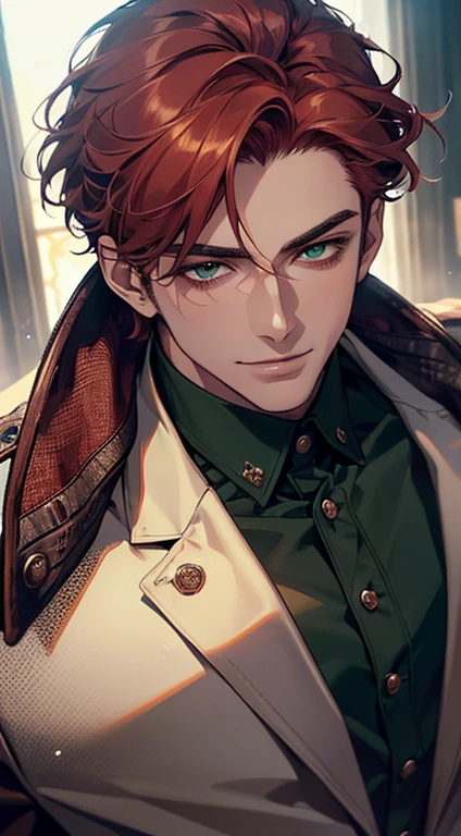(best quality, masterpiece, 8K, photorealistic, cinematic lighting, hdr image, ultra detailed, beautiful image), a mature man, very handsome, smile, short grey red hair, green eyes, perfect face without errors, ((buttoning the jacket, CEO))