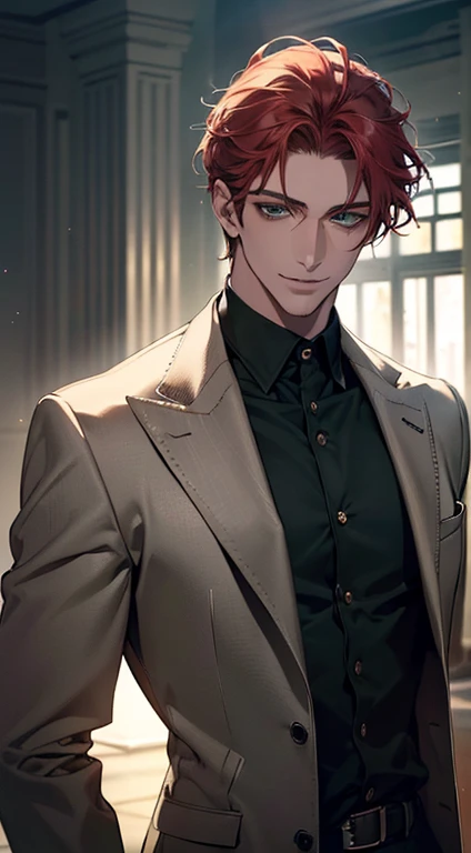 (best quality, masterpiece, 8K, photorealistic, cinematic lighting, hdr image, ultra detailed, beautiful image), a mature man, very handsome, smile, short grey red hair, green eyes, perfect face without errors, ((buttoning the jacket, CEO))