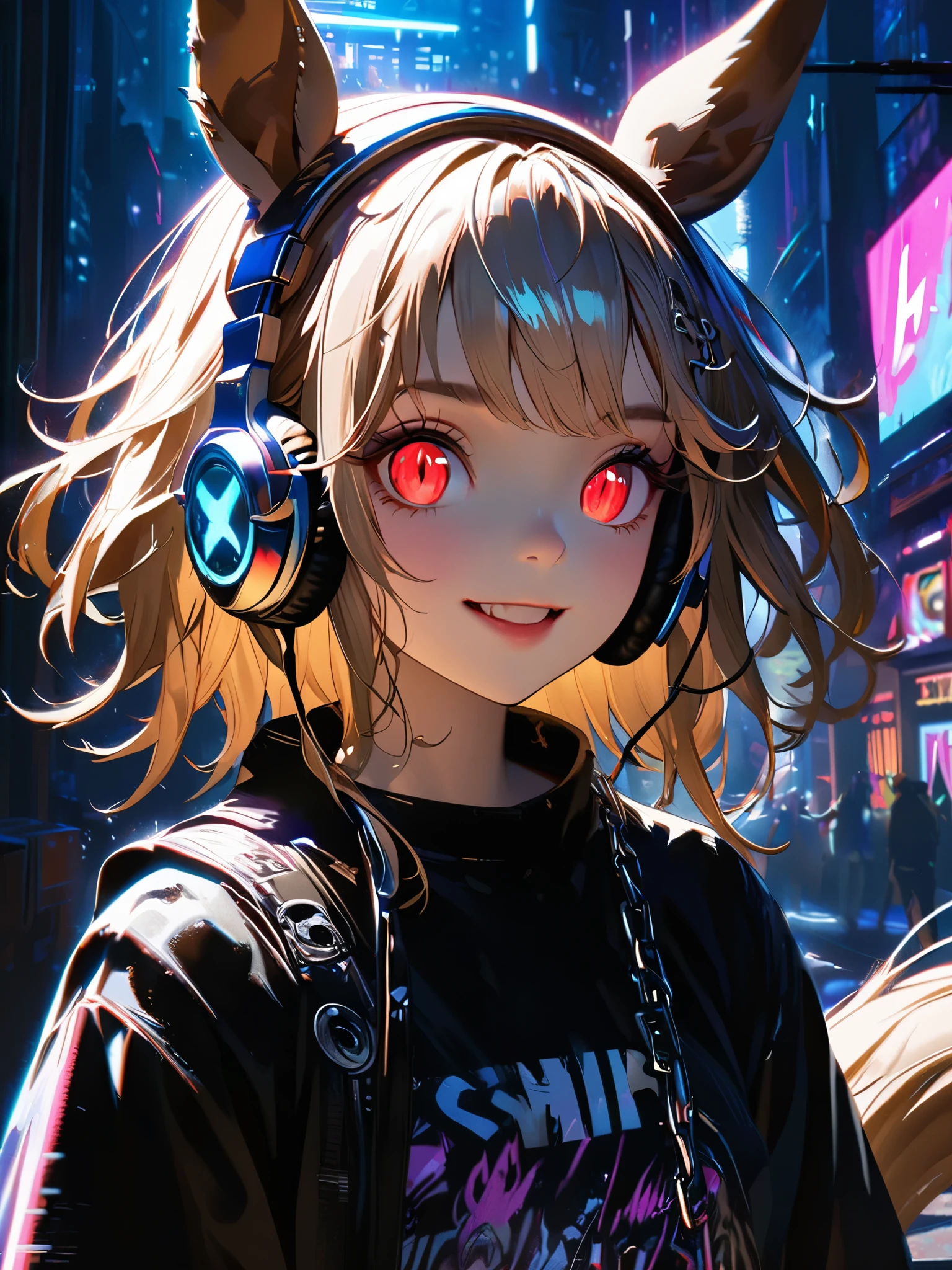 1 girl, chromatic aberration, Written boundary depth, Soft Light, masterpiece, Highest quality, complicated, Tone Mapping, Very detailed, Art Station, Concept Art, Smooth, Clear focus, Dramatic lighting, Very detailed artwork, movie, super practical painting, Art Station's trending, 8k, Incredible Shadows, practical, (Very detailed background:1.0), whole body, View, Viewers, Very detailed portrait of one girl 1, standing on street corner, Heavy rain and lightning、Dark Sky, neon and cyber punk background, she is dressed in punk clothing with silver chains and silver spikes, Her hair was dyed light brown....,The middle part is black, She is wearing headphones, Detailed red eyes with clear pupils, Ominous aura of light, smile, punk, ciber punk, Backlight.Has horse ears、There is a horse tail,Approaching the horse.No headphones needed、More Horses