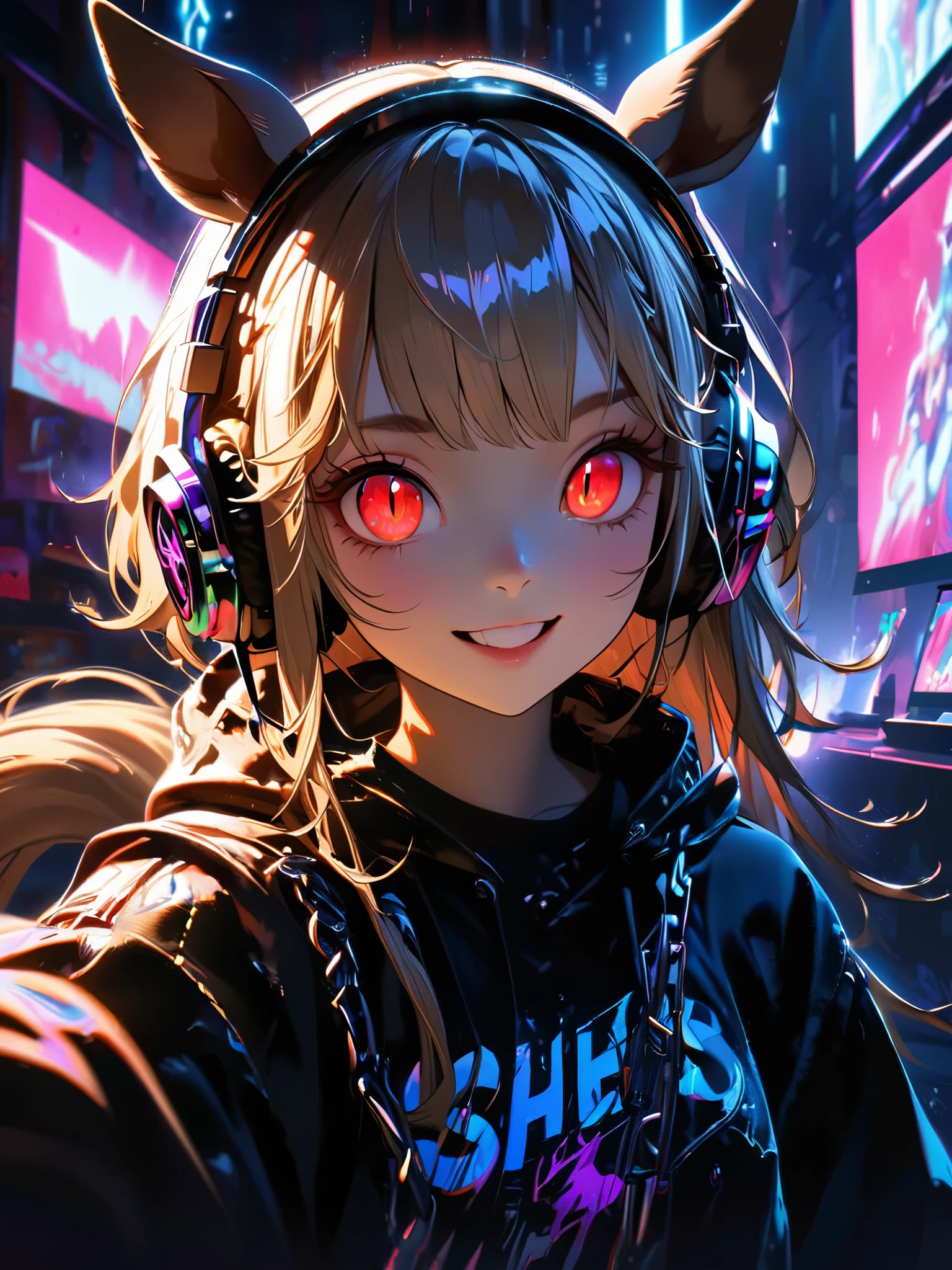 1 girl, chromatic aberration, Written boundary depth, Soft Light, masterpiece, Highest quality, complicated, Tone Mapping, Very detailed, Art Station, Concept Art, Smooth, Clear focus, Dramatic lighting, Very detailed artwork, movie, super practical painting, Art Station's trending, 8k, Incredible Shadows, practical, (Very detailed background:1.0), whole body, View, Viewers, Very detailed portrait of one girl 1, standing on street corner, Heavy rain and lightning、Dark Sky, neon and cyber punk background, she is dressed in punk clothing with silver chains and silver spikes, Her hair was dyed light brown....,The middle part is black, She is wearing headphones, Detailed red eyes with clear pupils, Ominous aura of light, smile, punk, ciber punk, Backlight.Has horse ears、There is a horse tail,Approaching the horse.No headphones needed、More Horses