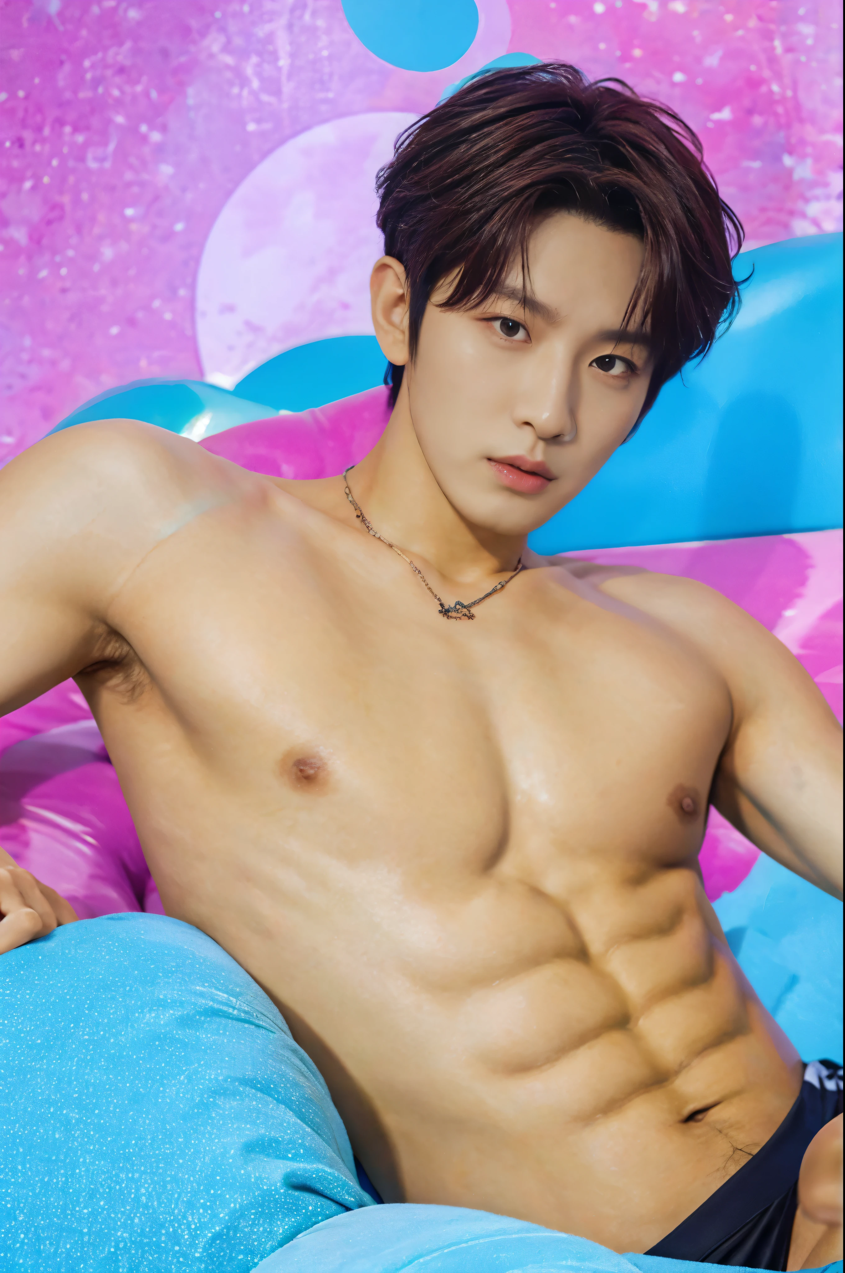 Full background studio set for photoshoot,backdrop colorful,magazine photo,half body,sexy eyes looking center,for ads,no text,Handsome sixpacks korean male,fashion sexy abs,Center-parted hairstyle,angle tilted to the side,focus on face