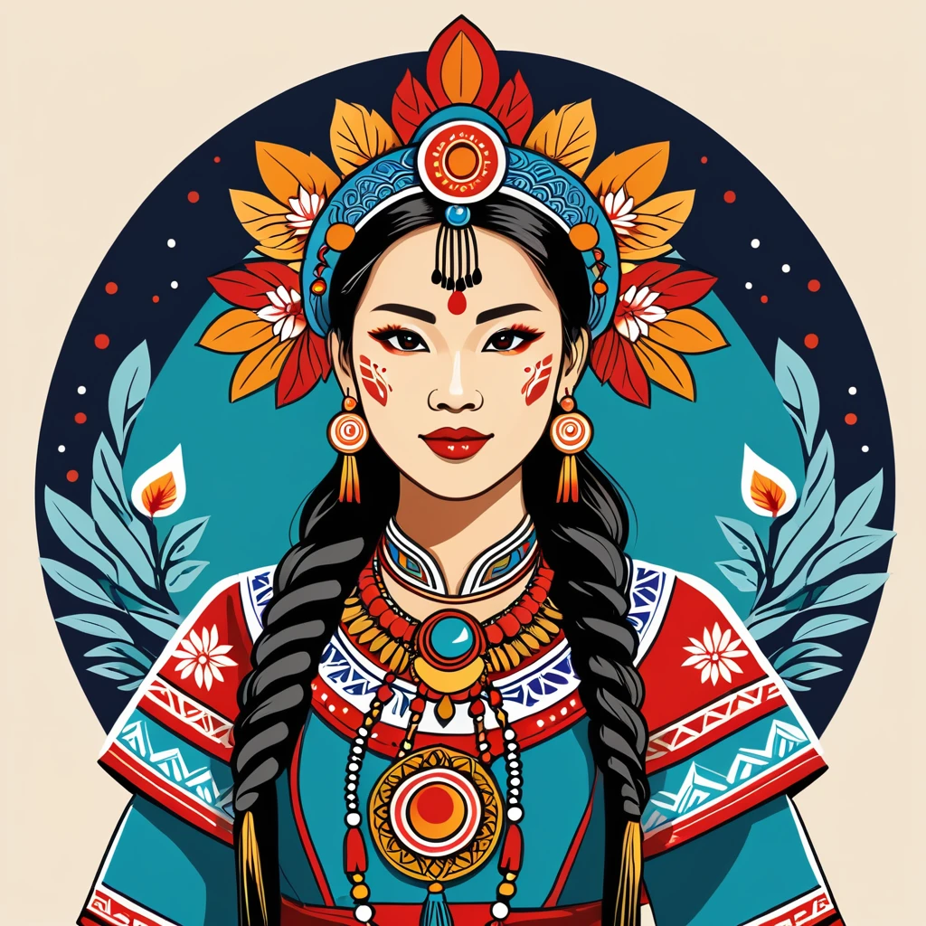 female shaman in singapore folk outfit ,vector graphics, strong contours, logo design