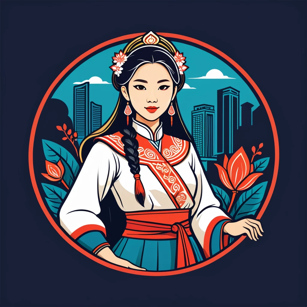 female	summoner	in singapore folk outfit	,vector graphics, strong contours, logo design																						