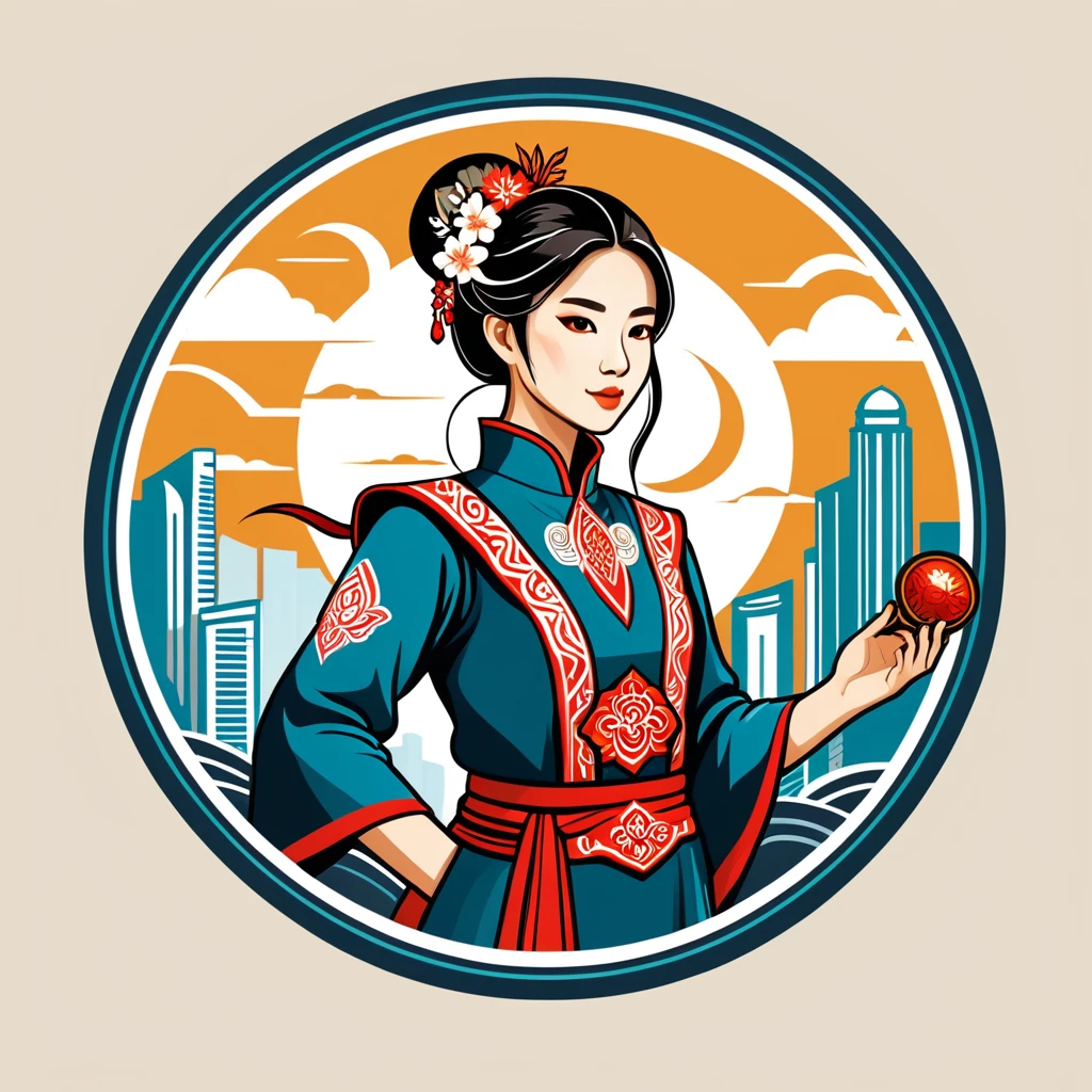 female	summoner	in singapore folk outfit	,vector graphics, strong contours, logo design																						