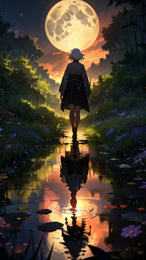 ((high quality)), ((masterpiece)), 8k, Anime Style。Rear view of one woman。brook at night、The light of the full moon reflects on the water、A silvery light spreads across the river。月明かりだけが照らす静寂なlandscapeが広がる。Wide angle。Overlooking。whole body。wallpaper。landscape。