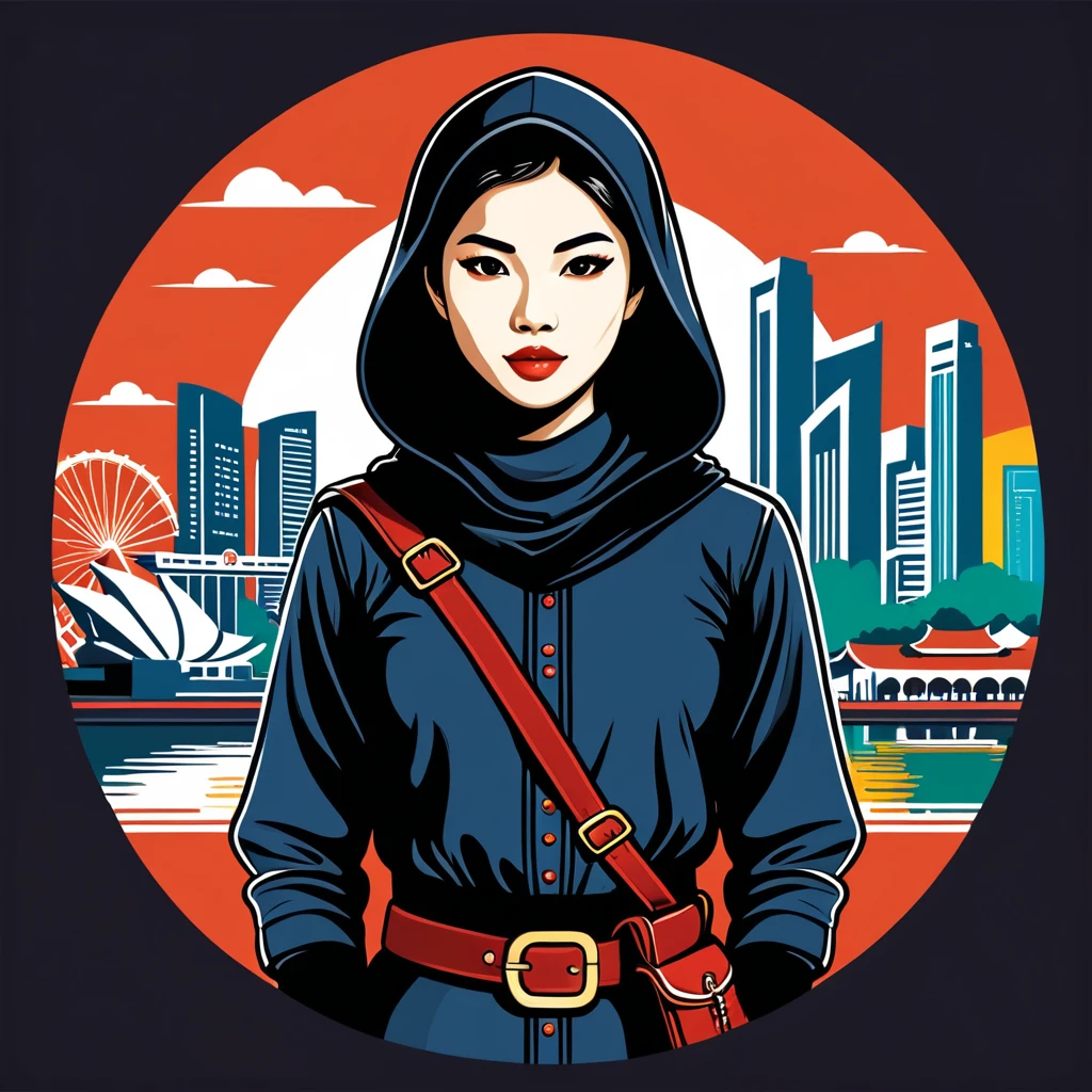 female thief in singapore folk outfit ,vector graphics, strong contours, logo design