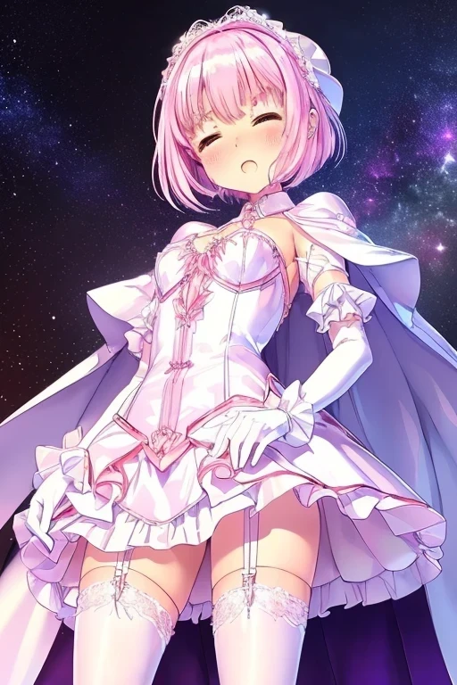 ((ultra detail game CG)), ((ultra detail background)), ((ultra detail satin clothes)), ((ultra detail clothes)), ((best quality)), ((masterpiece)), ((ultra detail satin shading)), ((14 years old)), ((pink magical girl)), (pink satin dress, white satin pleated skirt, white satin short cloak), (pink short hair, short bob pink hair, pink eyes), ((white satin long gloves, white satin knee socks, pink garter belt)), ((night sky, galaxy)), (clear oil coating pink satin dress, clear oil coating white satin pleated skirt, clear oil coating white satin long gloves, clear oil coating white satin knee socks, clear oil coating white satin short cloak), solo, oily clothes, (blushed, ashamed, sweating, ecstasy, tired, orgasm), ((close eyes)), mouth open