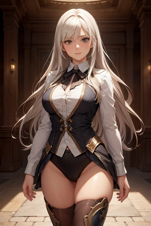 hyperrealistic female character art by david hockney and alphonse mucha, fantasy art, realistic art, dynamic lighting, artstation, volumetric lighting, very detailed faces, 8 k,full HD, award-winning,, 1girl, in the dark, deep shadow, discreet, cowboy shot, (official outfit: 1.4), long hair, white hair, hair with black lights