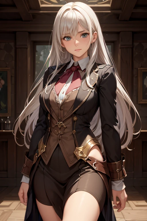 hyperrealistic female character art by david hockney and alphonse mucha, fantasy art, realistic art, dynamic lighting, artstation, volumetric lighting, very detailed faces, 8 k,full HD, award-winning,, 1girl, in the dark, deep shadow, discreet, cowboy shot, (official outfit: 1.4), long hair, white hair, hair with black lights