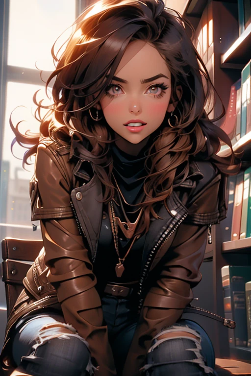 Perfect face. Perfect hands. A brown haired woman with copper eyes and an hourglass figure in a black leather jacket and ripped jeans is yawning in the library