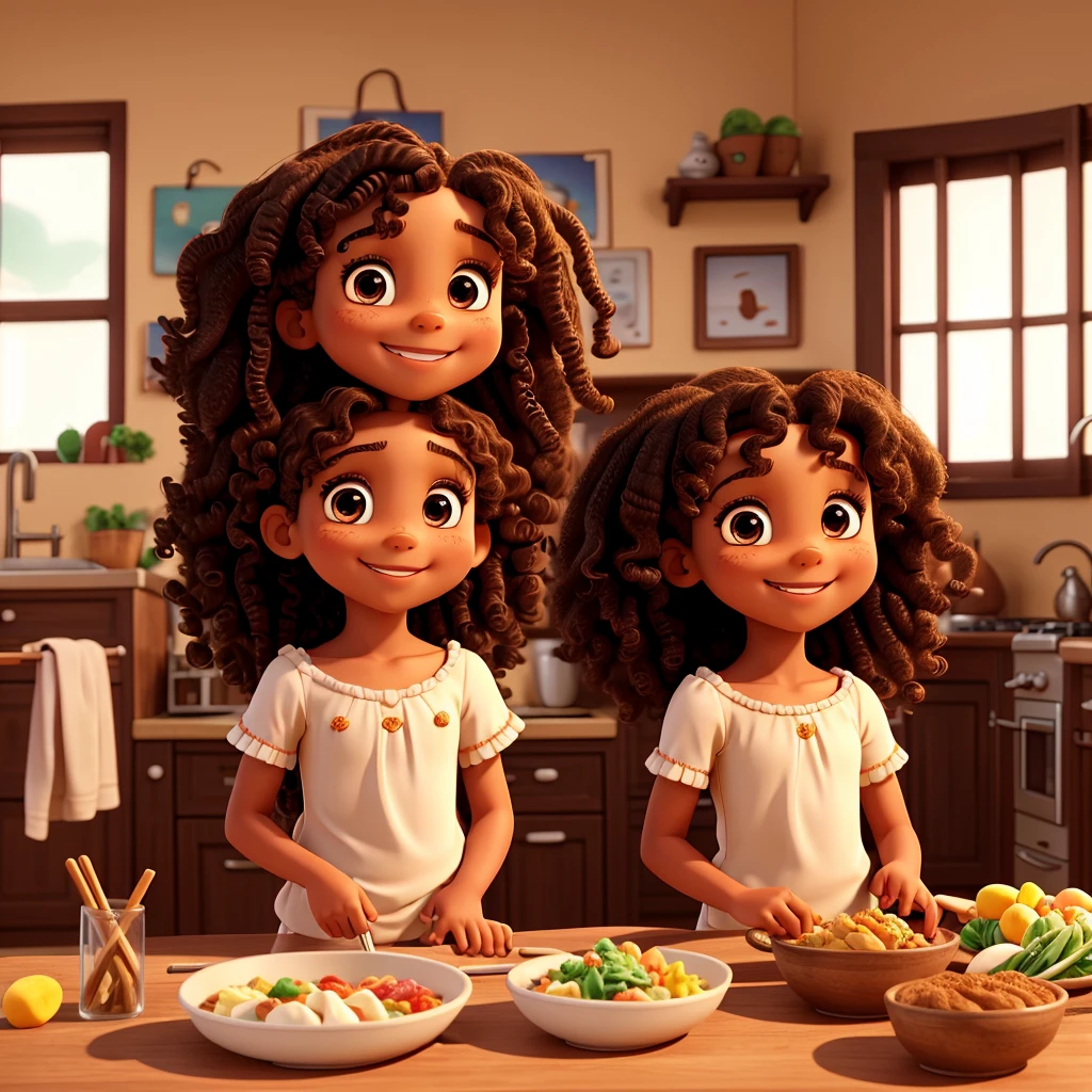 4 year old girl,shoulder length curly hair,brown,olhos Brown e brilhantes,happy and smiling,very smart,with his father and Mother with long curly hair,making food.