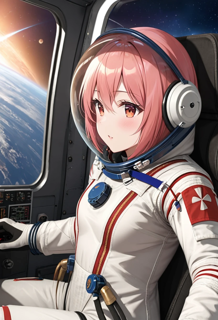 ((Female pilot in the cockpit of a reconnaissance plane), (airplane cockpit), (in flight), (10000 feet altitude)、(sky view):1.7),, short hair, street, emo, BLACK hair, white eyes, eyeliner, apocalypse, girl, nside the (cockpit:1.9) of a (futuristic spaceship:1.6), , blush,sitting on a chair, covered navel, space helmet, space helm, plug suit , space helmet, eva helm, space suit, short hair, spacesuit, astronaut
from side, yae miko