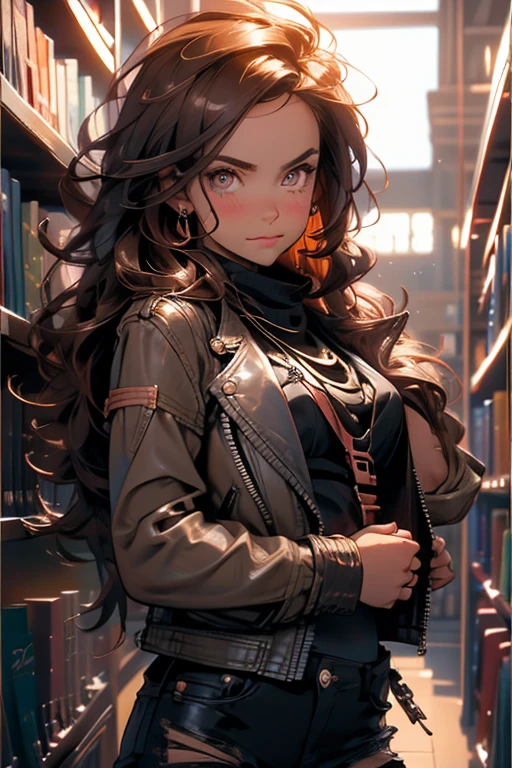 Perfect face. Perfect hands. A brown haired woman with copper eyes and an hourglass figure in a black leather jacket and ripped jeans is blushing in the library