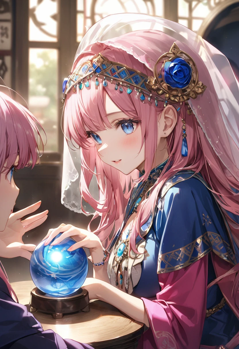 Veil、fortune teller、Girl with pink hair、blue eyes、Twin Drill、A scene from a movie