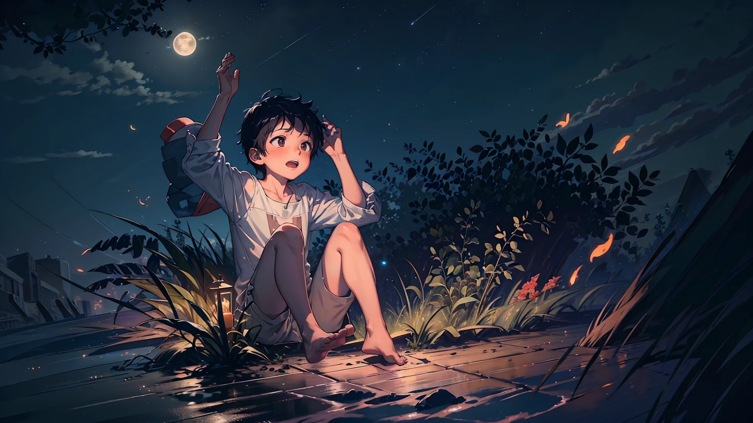 A fantastic night, a summer sky with a pale moon、Fireflies are flying around, emitting light all around.。A barefoot boy looks up at the night sky and holds his hands up to the sky。