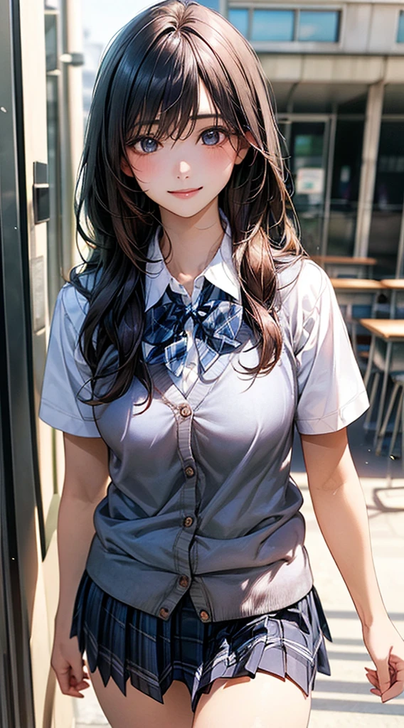 (masterpiece:1.2, top-quality), (realistic, photorealistic:1.4), beautiful illustration, 
looking at viewer, full body, front view:0.6, 
1 girl, japanese, high school girl, (long hair:1.5), blown hair, bangs, hair between eye, large breasts:0.8, 
beautiful hair, beautiful face, beautiful detailed eyes, beautiful clavicle, beautiful body, beautiful chest, beautiful thigh, beautiful legs, beautiful fingers, 
(beautiful scenery), , school,
((collared shirt, white shirt, school uniform, cardigan, grey plaid pleated skirt, blue plaid bow tie)), white panties, 
standing, walking, 
smile, ,