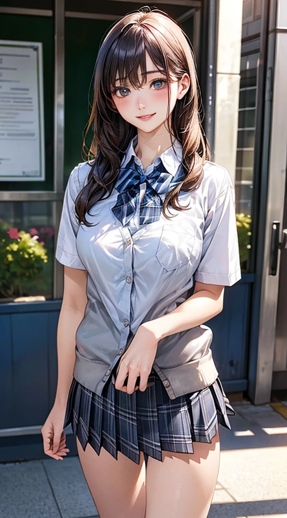 (masterpiece:1.2, top-quality), (realistic, photorealistic:1.4), beautiful illustration,
looking at viewer, full body, front view:0.6,
1 girl, japanese, high school girl, (long hair:1.5), blown hair, bangs, hair between eye, large breasts:0.8,
beautiful hair, beautiful face, beautiful detailed eyes, beautiful clavicle, beautiful body, beautiful chest, beautiful thigh, beautiful legs, beautiful fingers,
(beautiful scenery), , school,
((collared shirt, white shirt, school uniform, cardigan, grey plaid pleated skirt, blue plaid bow tie)), white panties,
standing, walking,
smile, ,