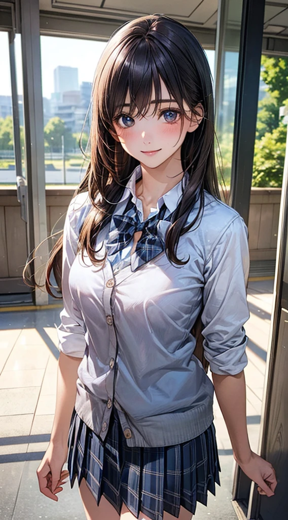 (masterpiece:1.2, top-quality), (realistic, photorealistic:1.4), beautiful illustration,
looking at viewer, full body, front view:0.6,
1 girl, japanese, high school girl, (long hair:1.5), blown hair, bangs, hair between eye, large breasts:0.8,
beautiful hair, beautiful face, beautiful detailed eyes, beautiful clavicle, beautiful body, beautiful chest, beautiful thigh, beautiful legs, beautiful fingers,
(beautiful scenery), , school,
((collared shirt, white shirt, school uniform, cardigan, grey plaid pleated skirt, blue plaid bow tie)), white panties,
standing, walking,
smile, ,