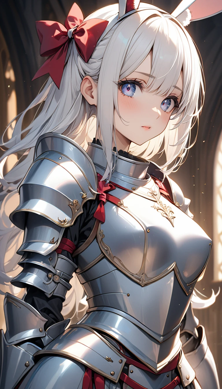 ((Best quality, 8k, Masterpiece: 1.3)), Sharp focus A beautiful woman with perfect body, Highly detailed face and skin texture, (Detailed eyes), rabbit ears, hime cut, white hair, hair bow, ribbon, pupils sparkling, tareme, (knight wearing steel armor), cowboy shot
