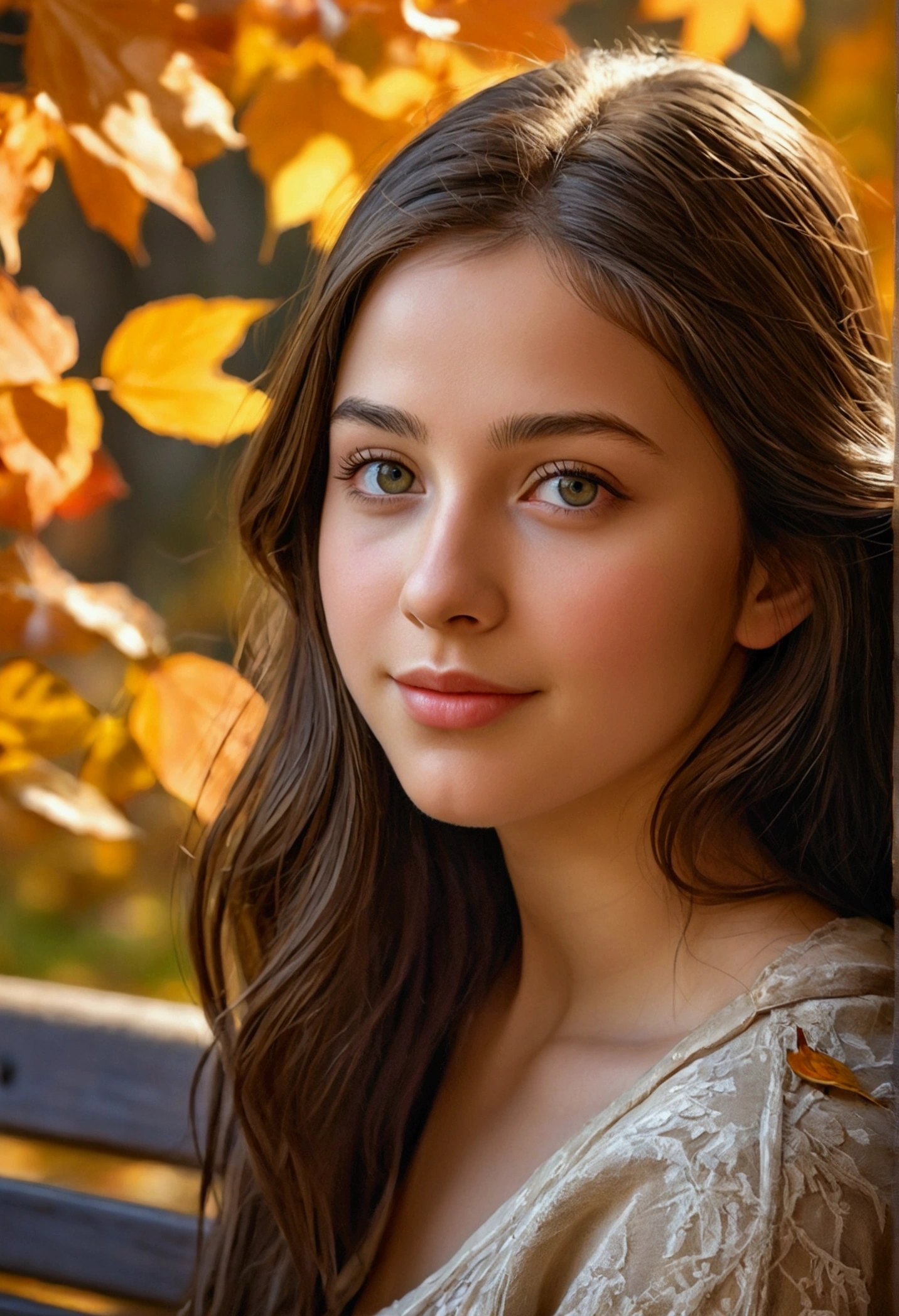 A completely naked girl sitting peacefully on a park bench, immersed in the peaceful atmosphere, is captured in this ultra-detailed, Oil painting style image. Her beautiful, deeply detailed eyes, filled with long, lush eyelashes, look gently into the distance, reflecting a serene and contented expression. Her plump, perfectly shaped lips, also incredibly detailed, bow gently into a small smile. The intricate texture, long locks of her hair cascade over her shoulders and down her back, blending seamlessly into the surrounding fall foliage and softness, HDR Lighting. The scene is full of fainting, Soothing sounds of birds chirping nearby