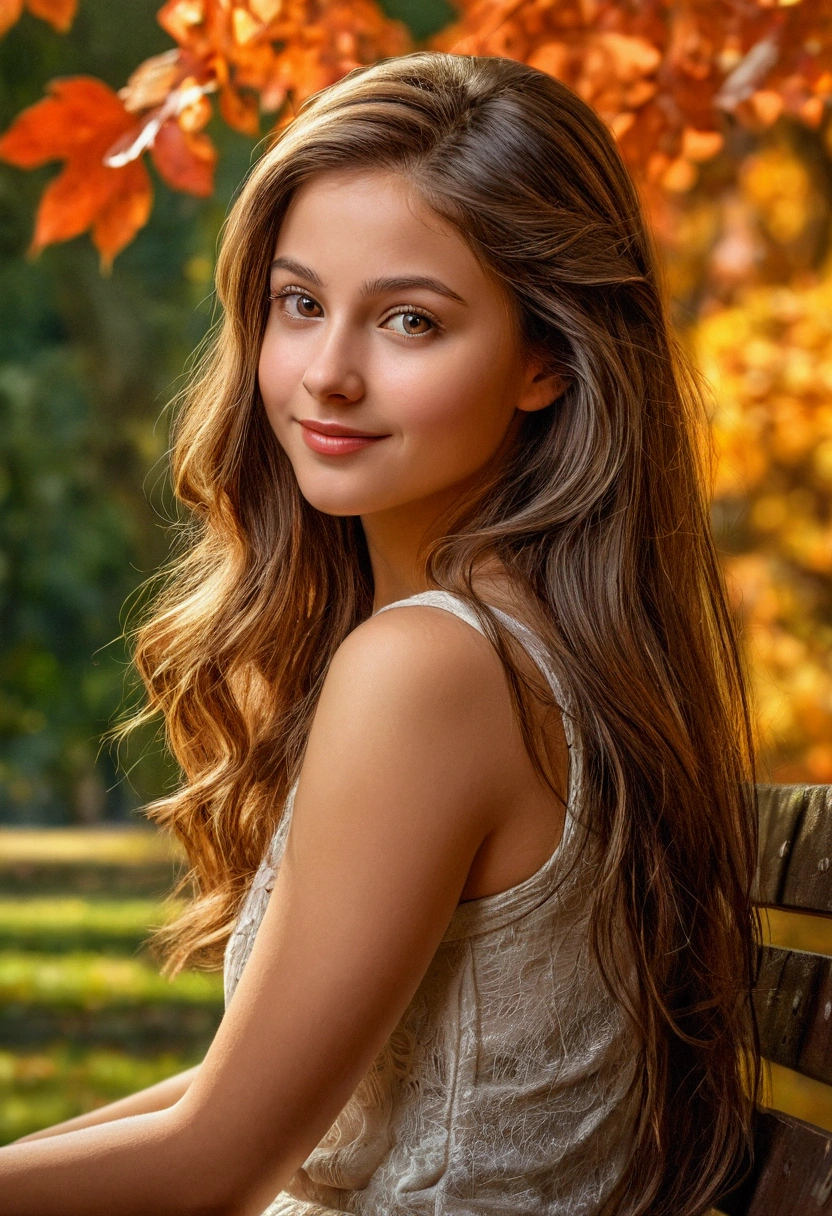 A completely naked girl sitting peacefully on a park bench, immersed in the peaceful atmosphere, is captured in this ultra-detailed, Oil painting style image. Her beautiful, deeply detailed eyes, filled with long, lush eyelashes, look gently into the distance, reflecting a serene and contented expression. Her plump, perfectly shaped lips, also incredibly detailed, bow gently into a small smile. The intricate texture, long locks of her hair cascade over her shoulders and down her back, blending seamlessly into the surrounding fall foliage and softness, HDR Lighting. The scene is full of fainting, Soothing sounds of birds chirping nearby