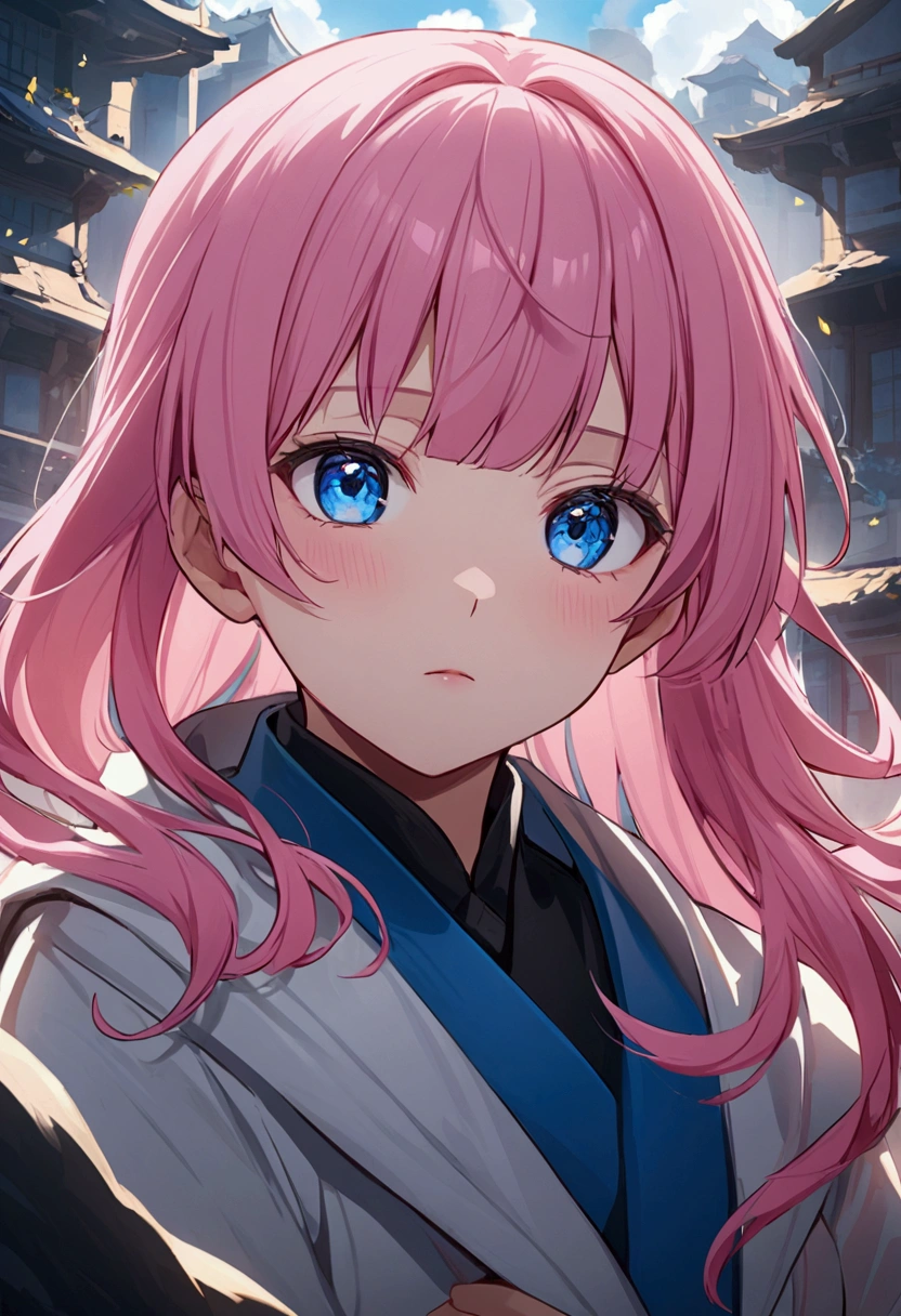 Wu Yong、Girl with pink hair、blue eyes、Twin Drill、A scene from a movie, Upper Body