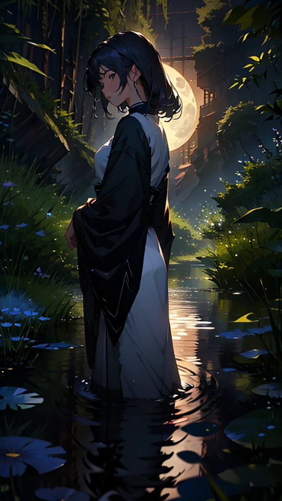 ((high quality)), ((masterpiece)), 8k, Anime Style。Rear view of one woman。brook at night、The light of the full moon reflects on the water、A silvery light spreads across the river。A quiet landscape illuminated only by moonlight spreads out before you。Wide angle。Overlooking。whole body。