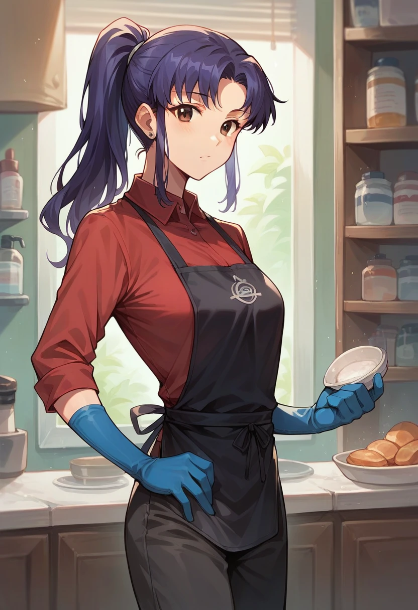 1girl, misato katsuragi, ponytail, ((blue half elbow gloves)), (red shirt), ((long sleeves)), (black apron), (pants), looking at viewer, standing, ((washes vegetables)), solo
