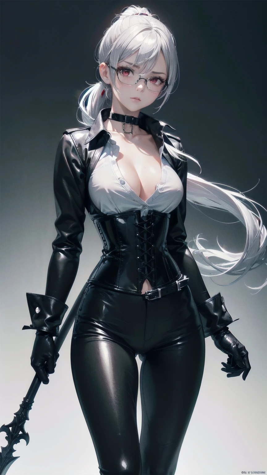 masterpiece, Superior image quality, High resolution, 4k image,photo and gross, photorealistic, whole body, 1 girl, standing, fighting pose, {{{vagina}}}, beautiful face, Silver hair short ponytail, Red eyes, very detailed eyes, shy expression, Glasses, choker:1.6, (white collar button down long sleeve shirt), black gloves, gloves that cover hands, holding a spear in his hand, (black leather corset), (shiny black leggings), Sensual Lips, show details in the eyes, View from the front, looking at the viewer, Dark forest, fog, at night