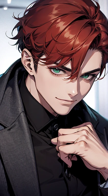 (best quality, masterpiece, 8K, photorealistic, cinematic lighting, hdr image, ultra detailed, beautiful image), a mature man, very handsome, smile, short grey red hair, green eyes, perfect face without errors, ((buttoning the jacket, CEO))