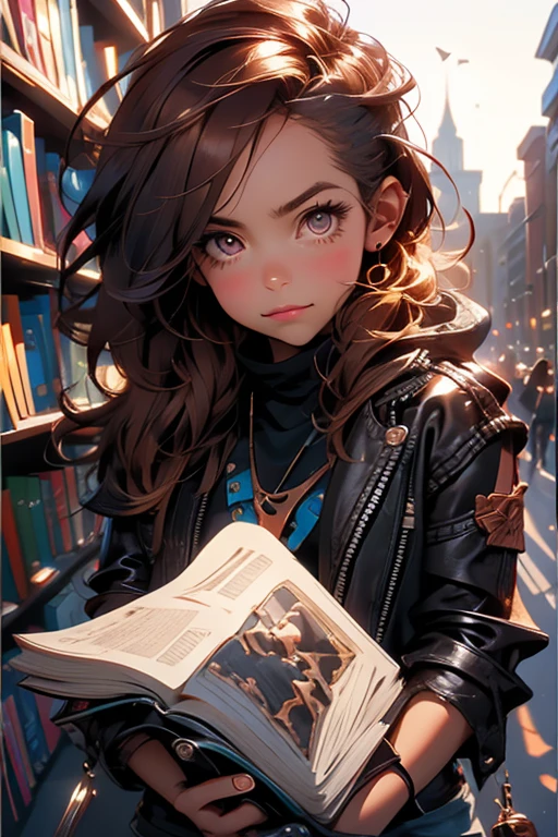 Perfect face. Perfect hands. A brown haired woman with copper eyes and an hourglass figure in a black leather jacket and ripped jeans helping a kid get a book in the library
