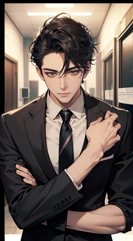 (Highest quality,4K,8K,High resolution,masterpiece:1.2),Super detailed,(Realistic,photoRealistic,photo-Realistic:1.37),1 person,34 years old,Mature Men,Beautiful skin、very handsome,Expressionless smile in love,Short gray black hair,green eyes,Sharp Eyes,A perfect face without a doubt,Businessman, CEO, Office Background,Cinema Lighting,HDR image,tie、