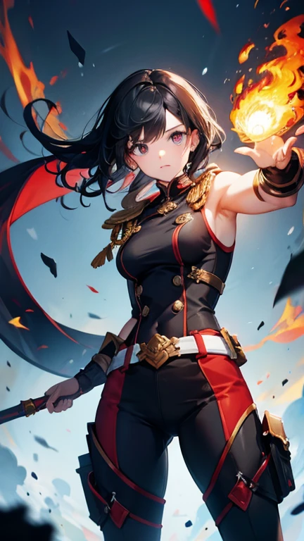 original character、Black Hair、Fire from the palm of your hand、Black eyes glowing red、Muscular、Exposing thighs、blue and white combat uniform