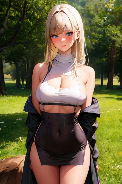 Highest definition, masterpiece, 4K, high resolution, One mature adult woman, bewitching. One large dog. Female, platinum blonde, straight hair, bangs parted 7:3. Slit eyes, beautiful and perfectly proportioned like a model. Tank top, tight mini skirt. Her breasts are large and beautiful, and you can see her nipples standing up even on top of her clothes.
(In a wooded, grassy area, a woman is facing and hugging a large dog with her legs wide open.)
The woman has a blush on her cheeks and a shy smile on her face.


Even with her clothes on, you can see that her breasts are full and her nipples are standing up.
