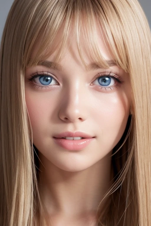 1girl, solo, long_hair, looking_at_viewer, open_mouth, blue_eyes, blonde_hair, brown_hair, simple_background, original, parted_lips, teeth, grey_background, lips, fingernails, grey_eyes, eyelashes, upper_teeth, close-up, portrait, photo_(medium)