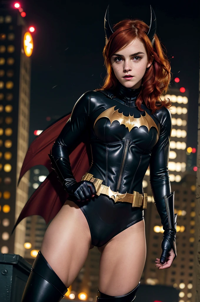 Batgirl, red hair, black bodysuit, gold bat symbol, gloves And boots, detailed utility belt, athletic build, nighttime in Gotham City, Emma Watson